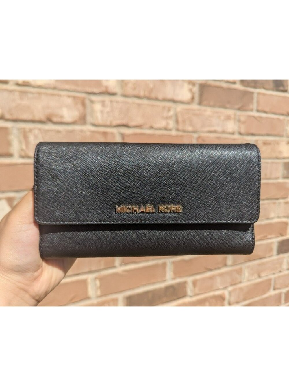 Michael Kors Crossgrain Leather Trifold Wallet Clutch With Checkbook Cover Black